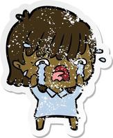 distressed sticker of a cartoon girl crying vector