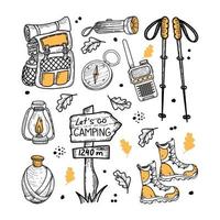 Camping kit with hand-drawn doodle-style elements. Backpack, flashlight, water bottle, walking sticks, walkie-talkie, etc. Items for tourism and recreation. Isolated element on a white background vector