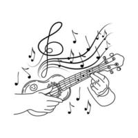 Concept of inspired ukulele playing, hand-drawn doodle. Little guitar. Hawaii. Flying notes. Music. Inspiration. Finger-picking. Isolated vector illustration on white background