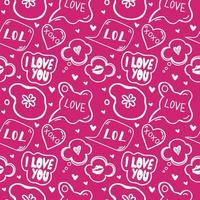 A seamless pattern of speech bubbles with hand-drawn, doodle-style dialogue words. Words of love and exclamations. Confessions of love. Hearts. Kisses. Words for lovers. Vector illustration