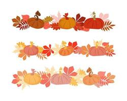 Hand-drawn boarder with pumpkins and autumn leaves. Gradient from bright colors to pastels. Autumn. Tree leaves. Vegetable decor element. Simple vector illustration