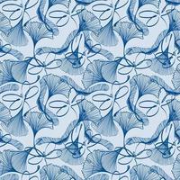 un patrón impecable de hojas de ginkgo, arce y libélula en estilo boceto. siluetas de hojas e insectos sobre fondo azul. paleta de colores pastel hojas en forma de pata de pato. otoño. misterio. vector