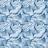 A seamless pattern of ginkgo, maple, and dragonfly leaves in sketch style. Leaf and insect silhouettes on blue background. Pastel palette. Leaves in the shape of a duck's foot. Autumn. Mystique. vector