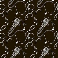 Seamless drawing of a microphone, music key, and notes. Hand-drawn doodle elements. on black background. Music pattern, vector illustration