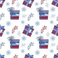 un patrón impecable de regalos navideños, copos de nieve y parches abstractos dibujados. garabatos dibujados a mano en un estilo plano. navidad y nochevieja. invierno. envoltura de vacaciones vector