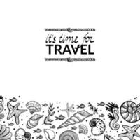 Banner with sea creatures on white background. Design for tourist business advertising, for seafood grocery stores. Shells, fish, clams and algae. Hand-drawn doodles in sketch style vector