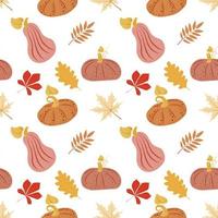 Seamless pattern of stylized orange pumpkins, autumn leaves on light background. Thanksgiving. Maple, oak leaf. Halloween. Autumn. Bright pumpkins vector