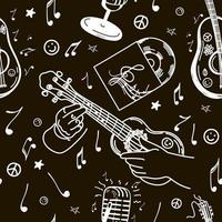 Seamless pattern of musical elements, hand-drawn doodle. Ukulele. Microphone. Small guitar. A vinyl record. A hit. Flying notes. Music. Inspiration. Fingering. Black and white background vector