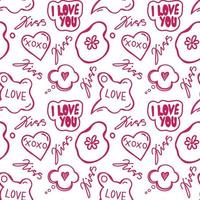 A seamless pattern of speech bubbles with hand-drawn doodle-style dialog words. Love words and exclamations. Confessions of love. Hearts. Kisses. Words for lovers. Vector illustration