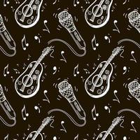 Seamless drawing of a microphone, music key, and notes. Hand-drawn doodle elements. on black background. Music pattern, vector illustration