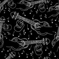 Seamless pattern of hands with guitar, hand-drawn doodle. Ukulele. Small guitar. Flying notes. Music. Inspiration. Fingering vector