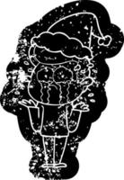 cartoon distressed icon of a crying man wearing santa hat vector