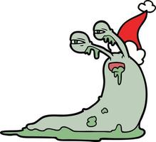 gross line drawing of a slug wearing santa hat vector