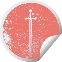 quirky distressed circular peeling sticker symbol sword vector