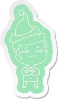cartoon  sticker of a anxious man wearing santa hat vector