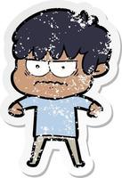 distressed sticker of a annoyed cartoon boy vector