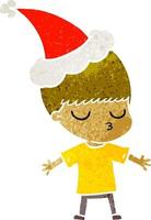 retro cartoon of a calm boy wearing santa hat vector