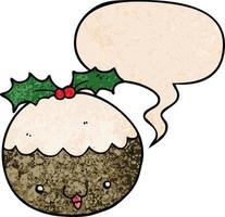 cute cartoon christmas pudding and speech bubble in retro texture style vector