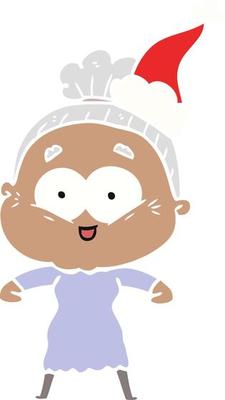 flat color illustration of a happy old woman wearing santa hat