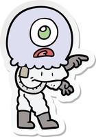 sticker of a cartoon cyclops alien spaceman pointing vector