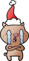 crying pig gradient cartoon of a wearing santa hat vector
