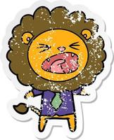 distressed sticker of a cartoon lion in business clothes vector