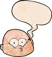 cartoon curious bald man and speech bubble in retro texture style vector