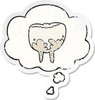 cartoon tooth and thought bubble as a distressed worn sticker vector