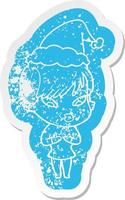 cartoon distressed sticker of a woman wearing santa hat vector