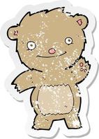 retro distressed sticker of a cartoon waving teddy bear vector