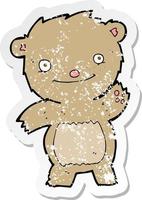 retro distressed sticker of a cartoon waving teddy bear vector