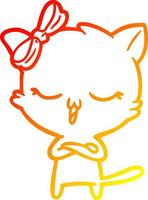 warm gradient line drawing cartoon cat with bow on head vector