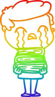 rainbow gradient line drawing cartoon man crying over stack of books