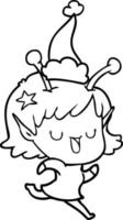 happy alien girl line drawing of a wearing santa hat vector