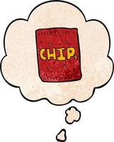 cartoon packet of chips and thought bubble in grunge texture pattern style vector
