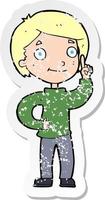 retro distressed sticker of a cartoon boy with idea vector