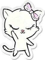 pegatina angustiada de un lindo gato de dibujos animados con lazo vector