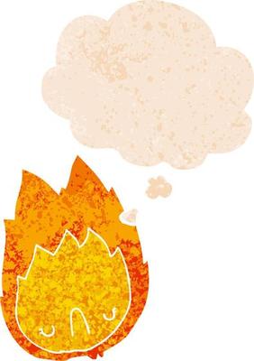 cartoon unhappy flame and thought bubble in retro textured style
