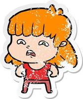 distressed sticker of a cartoon worried woman vector