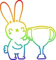 dibujo de línea de gradiente de arco iris lindo conejo de dibujos animados con copa de trofeo deportivo vector