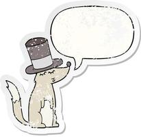 lobo de dibujos animados silbando con sombrero de copa y burbuja de habla pegatina angustiada vector