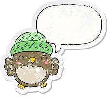 cute cartoon owl in hat and speech bubble distressed sticker vector