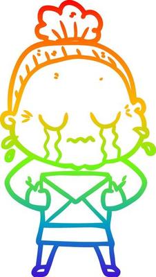 rainbow gradient line drawing cartoon old woman crying with letter