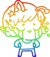 rainbow gradient line drawing cartoon crying alien girl vector