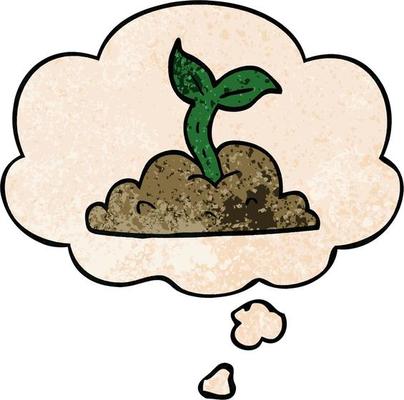 cartoon growing seedling and thought bubble in grunge texture pattern style