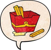 cartoon box of fries and speech bubble in retro texture style vector