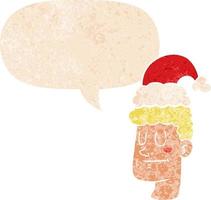 cartoon man wearing christmas hat and speech bubble in retro textured style vector