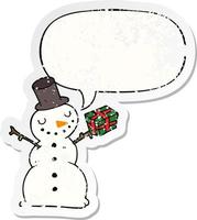 cartoon snowman and speech bubble distressed sticker vector