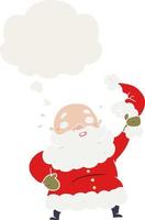 cartoon santa claus waving hat and thought bubble in retro style vector