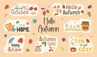 Autumn hand drawn vector sticker set. A set of stickers with a handwritten slogan of the autumn season. Autumn phrases with cozy decorative bunch of design elements. Autumn lettering collection